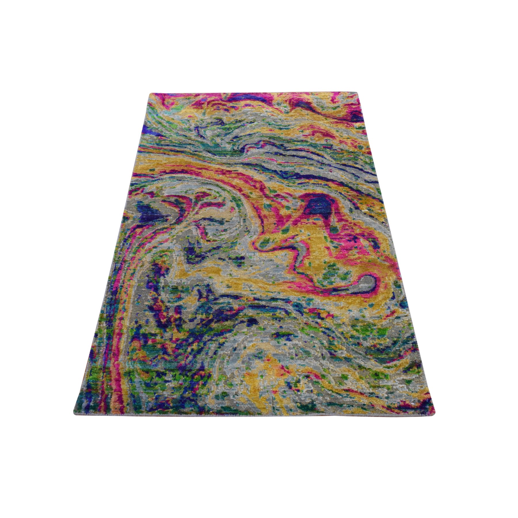 3'x5' Colorful, THE LAVA DESIGN, Sari Silk with Textured Wool, Hand Knotted, Oriental Rug 